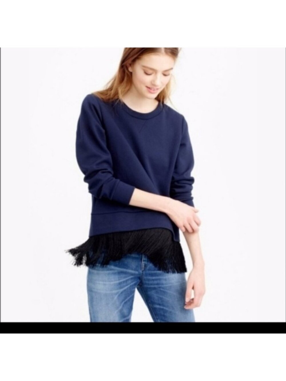 J Crew Navy Sweater with Fringe bottom